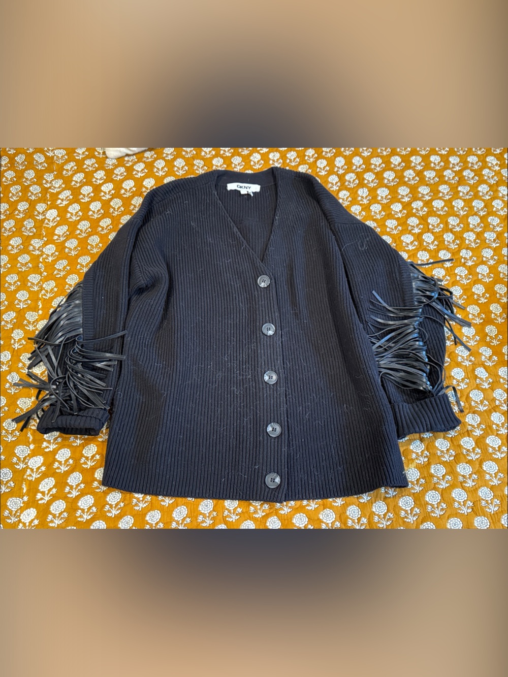 DKNY Black Ribbed Button-Front Jacket with Fringe Sleeves